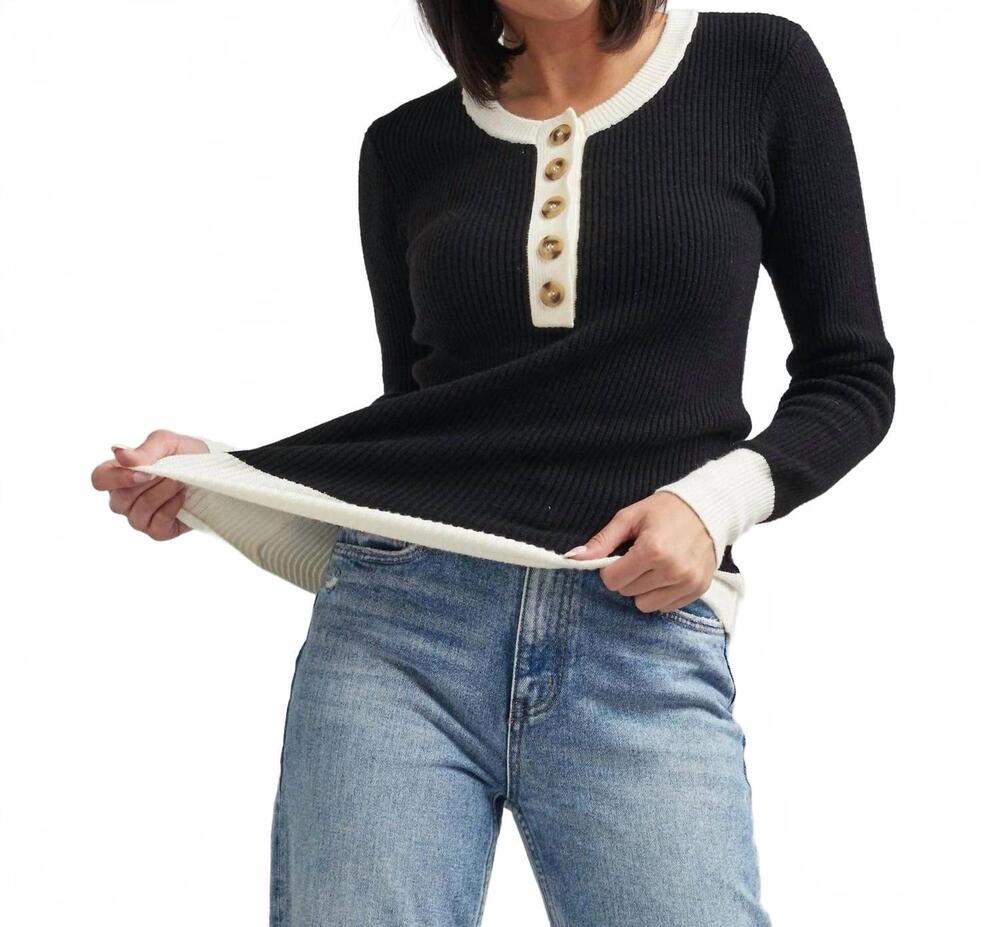 NEW DOWNEAST fancy henley sweater in black